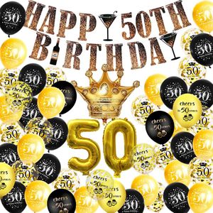 50 jaar verjaardag versiering - Verjaardag decoratie 50 jaar - Feestversiering 50 jaar - Verjaardag versiering 50 jaar zwart en goud - 50 jaar ballonnen en slingers - Feestartikelen 50 jaar - Happy Birthday slinger 50 jaar
