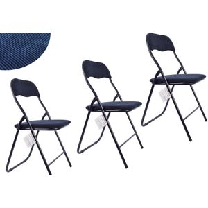 3x Klapstoel met zithoogte van 43 cm Vouwstoel velvet zitvlak en rug bekleed RIBCORD FLUWEEL- stoel- tafelstoel - klapstoel - Velvet klapstoel - Luxe klapstoel - Met kussentjes - Stoelen - Klapstoelen - Stoeltje - Premium chair - Donkerblauw