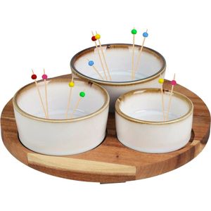Excellent Houseware Serveerplank - hout - met 3x luxe keramiek schaaltjes - incl. cocktailprikkers