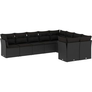 vidaXL - 9-delige - Loungeset - met - kussens - poly - rattan - zwart