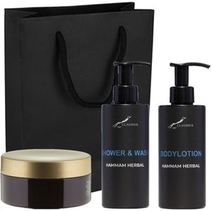 Douchepakket Hammam Herbal - Shower & wash + Bodylotion + Scrubzout 300 gram - 300 ml per fles - set van 3 stuks - met luxe gift tas - cadeau - giftset voor hem en haar