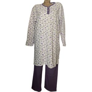 Dames flanel pyjamaset warm gevoerd met extra lange top XXL wit/paars/grijs