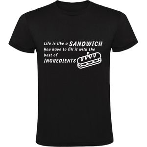 Life is like a sandwich, you have to fill it with the best ingredients  Heren t-shirt | lunchroom | leven | filosofie | vegetarier | restaurant | eten | kado | Zwart