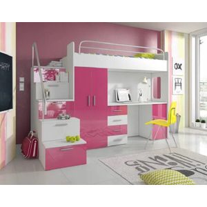 Raj 4S jeugdset - wit/roze glans - bureau - kledingkast - Stapelbed - bed 80 x 200 cm - Maxi Maja