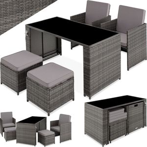 tectake® Wicker Zitgroep | 5-delige Lounge Tuinmeubelset met Tafel, Fauteuil en Kruk | Eetgroep voor Maximaal 4 Personen | Tuin- en Balkonmeubilair Inclusief Kussens - Grijs