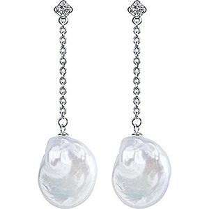 Zoetwater parel oorbellen Bling Dangling Coin Pearl - oorstekers - echte parels - wit - sterling zilver (925) - stras stenen