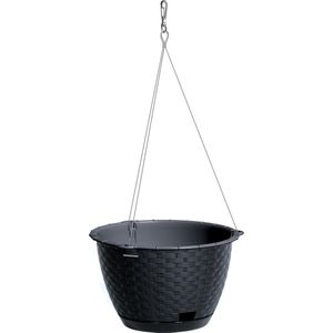 1x Stuks antraciet hangende ratolla kunststof bloempotten/plantenpotten rotan met schotel 3,4 liter - 22 cm - Tuin hangdecoratie