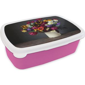 Broodtrommel Roze - Lunchbox - Brooddoos - Boeket - Kleuren - Stilleven - 18x12x6 cm - Kinderen - Meisje