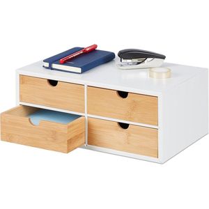 Bamboe en MDF bureau-organizer met 4 lades - HBD 14 x 33 x 21 cm - Mini ladekast wit/natuur Ladeblok