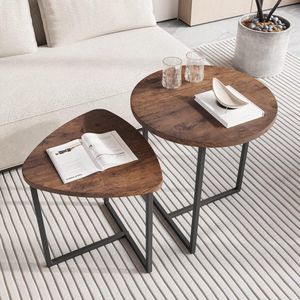 Salontafel, rond, set van 2, bijzettafel, koffietafel, metalen onderstel en hartvorm, een tafelblad van hout, industrieel design, woonkamertafel, modern, zwart + bruin