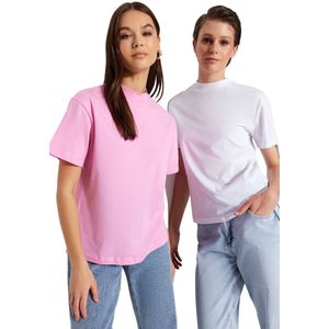 Trendyol Oliegroen-Grijs, 2 Stuks 100% Katoen, Basic Gebreid T-Shirt Met Opstaande Kraag Twoss20Ts1500