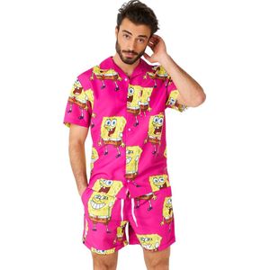 OppoSuits SpongeBob™ Pink Heren Zomer Set  - Bevat Shirt En Shorts - Tropische Zwem Kleding - Roze - Maat S