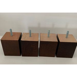 Set van 4 stuks houten meubelpoten Wengé (donker bruin) beuken 8 cm hoogte 7x7 cm M8 draadeinde Boxspring bedden banken