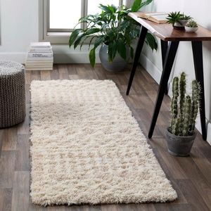 Shaggy loper, pluizig tapijt voor woonkamer, eetkamer, hal, abstract hoogpolig, tapijt, wit, pluizig en onderhoudsvriendelijk, loper, 80 x 220 cm, in beige