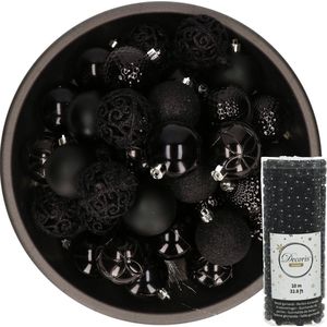 Decoris Kerstballen - 37x stuks - 6 cm - incl. kralenslinger - zwart - kunststof