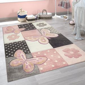 Paco Home Kindervloerkleed Kinderkamer Meerkleurig Roze Vlinders Ruitpatroon Stippen Bloemen 160x230 cm