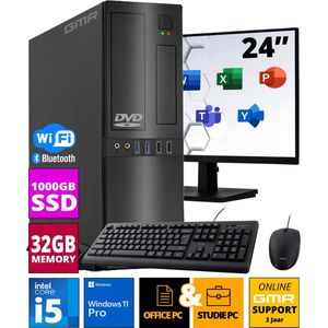 GMR Office Compleet-PC SET met 24"" Monitor, toetsenbord en muis | Intel Core i5 | 32 GB DDR3 | 1000 GB SSD | DVD±RW | Cardreader | USB3 | WiFi 600 en Bluetooth 5 | Windows 11 Prof. 64-bit | Multimediacomputer met 2 jaar garantie!