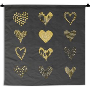 Wandkleed Goud Geverfd - Gouden getekende harten op zwart papier Wandkleed katoen 90x90 cm - Wandtapijt met foto