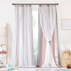 Kinderkamergordijn Meisjesgordijnen met ruchesband, set van 2, H 240 x B 132 cm, kindergordijnen, sterren, dubbellaagse verduisteringsgordijnen met voile, roze + grijs