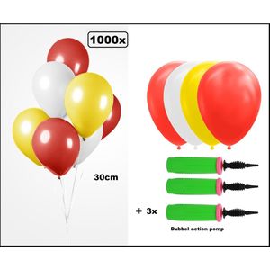 1000x Luxe Ballon rood/wit/geel 30cm + 3x dubbel actie pomp - biologisch afbreekbaar - Carnaval Festival feest party verjaardag landen helium lucht thema