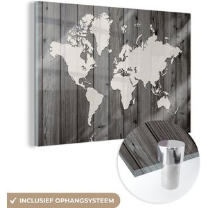 MuchoWow® Glasschilderij 180x120 cm - Schilderij acrylglas - Wereldkaart - Hout - Zwart - Wit - Foto op glas - Schilderijen
