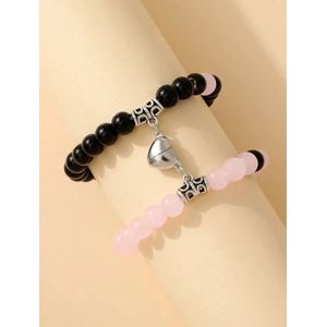 Magnetische Hartjes Kralenarmband Roze/Zwart