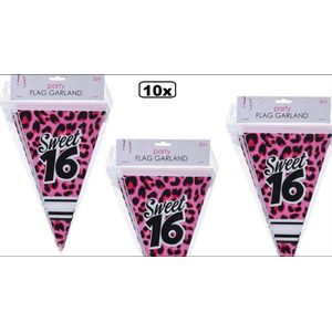 10x Vlaggenlijn Sweet 16 panter roze 500cm - Verjaardag thema feest party vlaglijn fun panter
