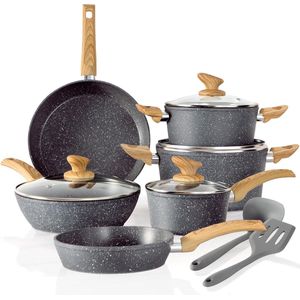 Pottensets 12-delige pannenset, pan 20cm, 28cm, frituurpan 24cm, steelpan 1,4L, pot 2,8L, 4,8L, pannenset met antiaanbaklaag, inductiepan, PFOS, PFOA-vrij