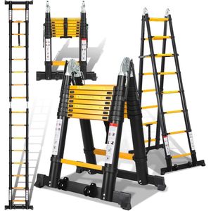 Telescopische aluminium ladder 8+8 treden - 5 meter hoogte - Inklapbare huishoudladder met 150 kg belastbaarheid