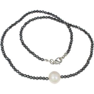 Zoetwater parelketting met edelsteen Hematite Pearl W - echte parel - sterling zilver (925) - hematiet - wit - zwart - zilver