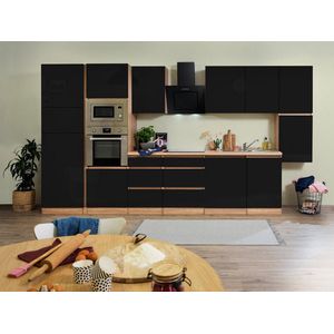 Goedkope keuken 395  cm - complete keuken met apparatuur Lorena  - Eiken/Zwart - soft close - inductie kookplaat - vaatwasser - afzuigkap - oven - magnetron  - spoelbak