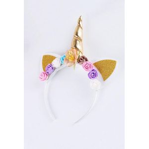 KIMU Eenhoorn Haarband Goud - Unicorn Diadeem Met Oortjes En Bloemetjes - Gouden Hoorn Bloemen Wit Roze Blauw Paars Bruin Festival