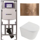 QeramiQ Dely Toiletset - 36.3x51.7cm - diepspoel - rimless - Geberit UP320 inbouwreservoir - softclose toilet zitting 35 mm - koperen bedieningsplaat - ronde knoppen - mat wit