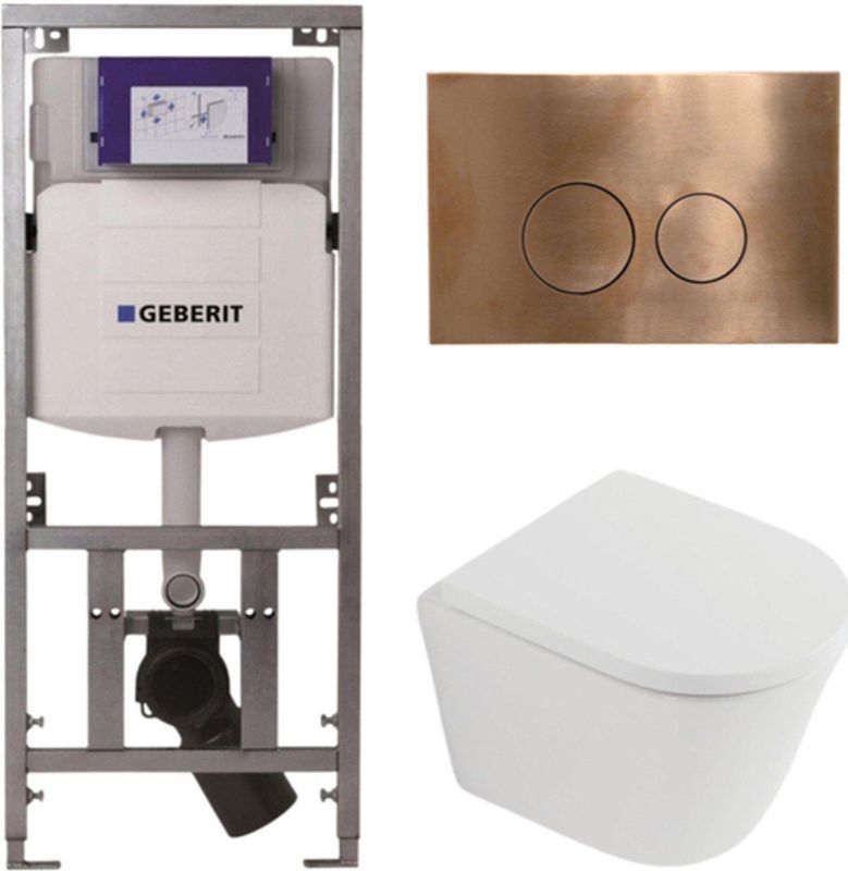 QeramiQ Dely Toiletset - 36.3x51.7cm - diepspoel - rimless - Geberit UP320 inbouwreservoir - softclose toilet zitting 35 mm - koperen bedieningsplaat - ronde knoppen - mat wit