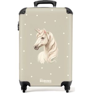 NoBoringSuitcases.com® - Kinderkoffer meisje - Kindertrolley meisjes - Eenhoorn omringd door stippen in neutrale kleuren - Handbagage koffer lichtgewicht - Reiskoffer trolley kinderen - Rolkoffer met wieltjes - Past binnen 55x40x20 en 55x35x25