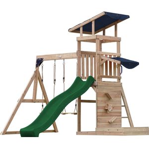 AXI Malik Speeltoestel met Dubbele Schommel Bruin – Groene Glijbaan – Zandbak en Speelwand - FSC hout - Speelhuis op palen voor de tuin