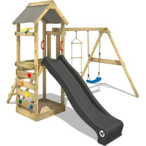 WICKEY speeltoestel klimtoestel FreeFlyer met schommel en antracietkleurige glijbaan, outdoor speeltoestel voor kinderen met zandbak, ladder en speelaccessoires voor de tuin