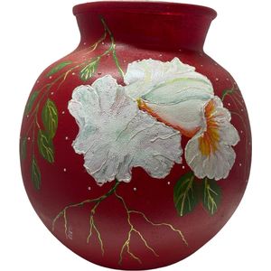 Handbeschilderde design bol vaas rood met witte orchideeën