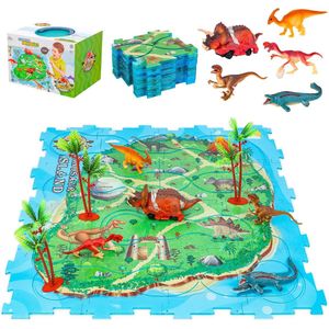 Racebaan dinosaurusspeelgoed voor kinderen, set van 25 dinosaurussen met plastic dinosauruspuzzel, 1 elektrische motorauto en 4 dinosaurusfiguren, educatieve speelset voor kinderen