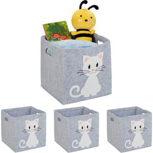 Relaxdays 4x opbergmand kinderkamer - vilten speelgoedmand - kat - opbergbox speelgoed