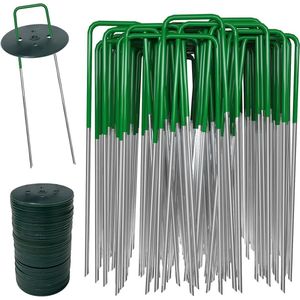 Onkruidbestrijding membraanharingen - 40 tuinharingen + 40 bufferringen - Metalen kunstgrasharingen - 150 mm membraan tuinharingen - Bodembedekkende pinnen palen - Tuinlandschap nietjes