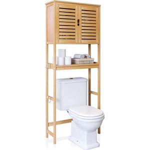 SHOP YOLO-badkamerrek staand-het toilet opbergkast-2-deurs bamboe kast organizer-vrijstaand met verstelbare binnenplank en open plank -natuurlijk