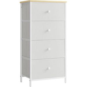 Songmics LTS314W57 Commode, opbergkast met 4 stoffen laden, metalen frame, hoog en smal, wit-eiken