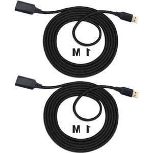 Verlengkabel USB 3.0 1M - USB A stekker naar A bus - Nylon - Voor kaartlezer, toetsenbord, printer, scanner, camera, enz. - 2 stuks - Zwart