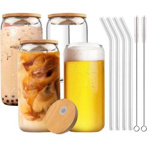 Bubble tea kopjes met deksel en rietje set van 4, esthetische drinkglazen met bamboe deksel en glazen rietje, ijskoffieglazen voor ijskoffie, cocktail, smoothieglas, bier