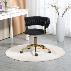 Sweiko Fluwelen Bureaustoel, Fauteuil, 360° Rotatie, één klik Hoogteverstelling, Zwart, holle rugleuning ontwerp, handgeweven rugleuning, roestvrijstalen basis 5-wiel woonkamer stoel, mooi en uniek