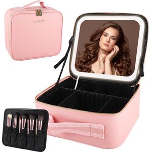 Make-up Tas met Led Licht Spiegel Grote Capaciteit - Cosmetische Organizer voor Reizen - Vanity Travel Case met Verstelbaar Compartiment - Roze Modieus