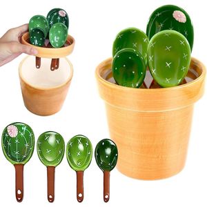 Keramische cactus maatlepels set - schattige 5-delige maatbekers en lepels - keuken organizer voor droog en nat meten - vloeibaar voedsel, zout en suiker - Kawaii lepel met basisbeker (groen)