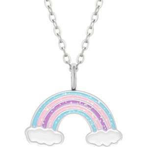 Zilveren ketting meisjes | Zilveren ketting met hanger, regenboog met glitters en wolkjes