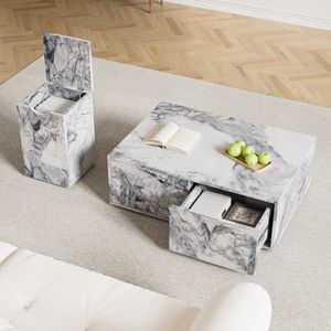 Steven Moderne modulaire woonkamersalontafel in marmerlook, bijtafel, salontafelset, sofa-bijtafel en balkon, 2-stuk set